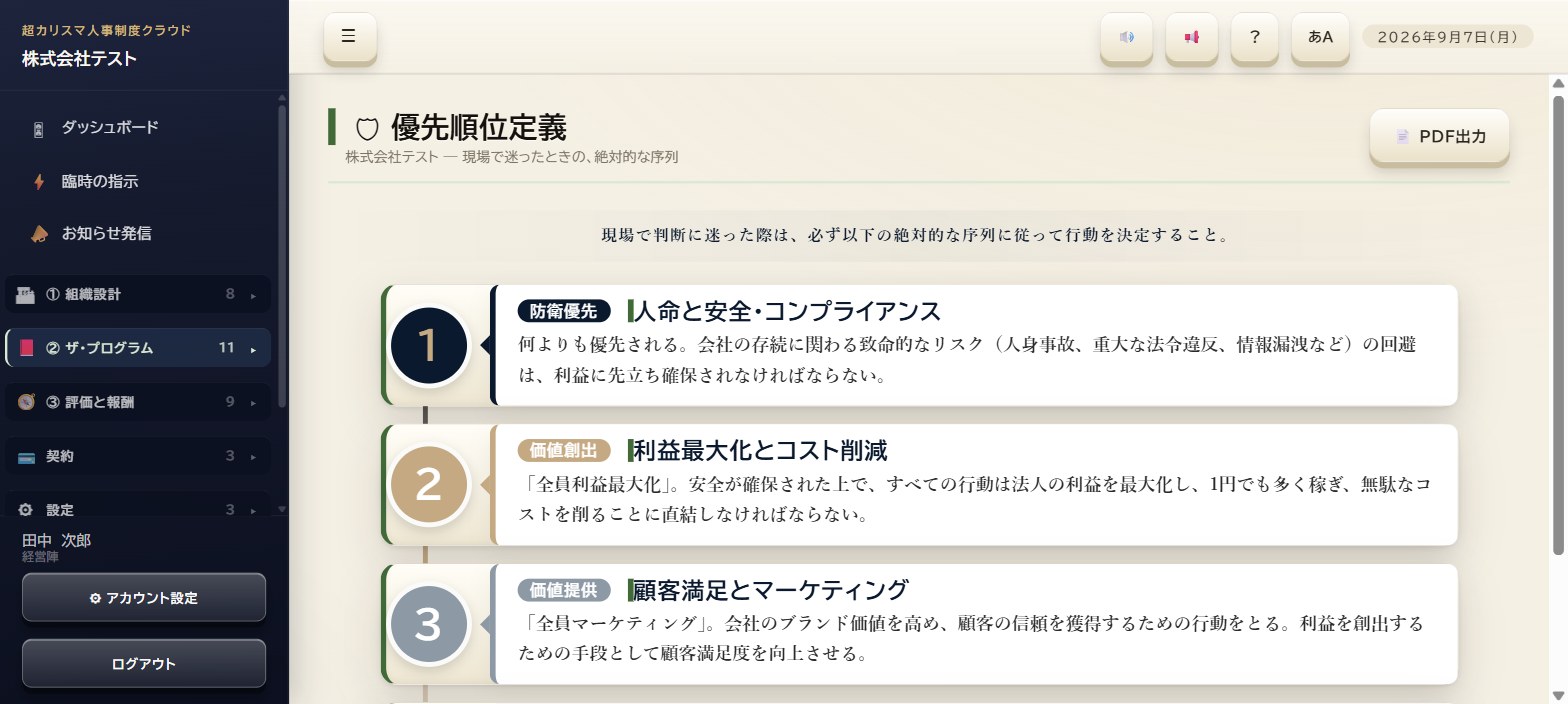 優先順位定義の画面。人命と安全、利益とコスト、顧客の満足の順に並んでいる